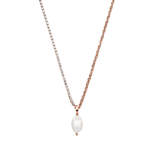 Elua Kette von PURELEI mit halbseitiger Zirkonia-Kette und schimmernder Keshi-Perle in Roségold, elegant und feminin.