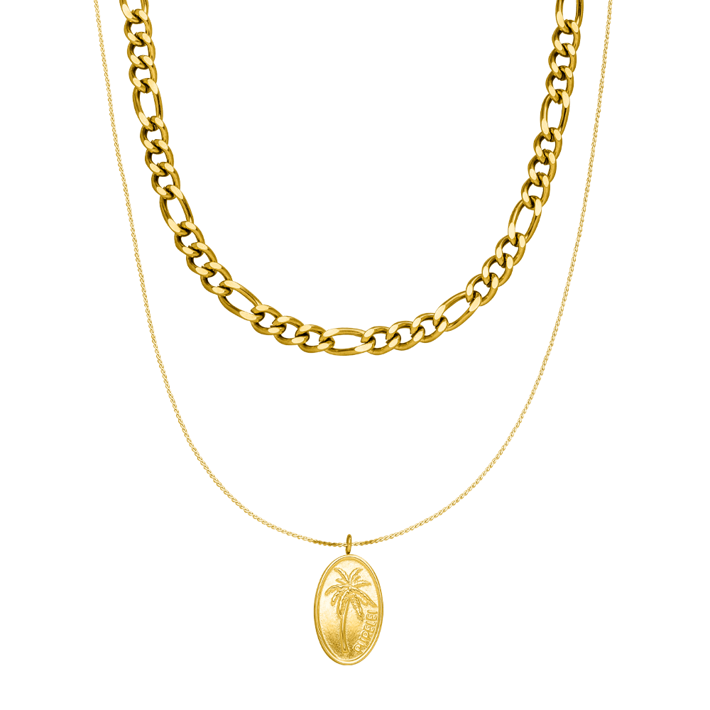 PURELEI Aiani Ketten-Set: 18K vergoldetes Layering mit Palmenanhänger, elegant und zeitlos, warmes Insel-Flair.