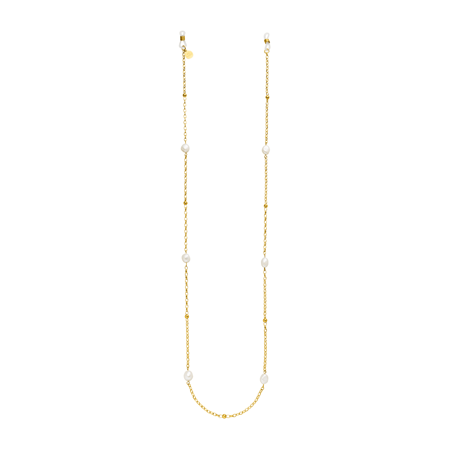 PURELEI Alima Brillenkette mit goldener Edelstahlkette und eleganten Keshi-Perlen, sommerlich leicht und feminin.