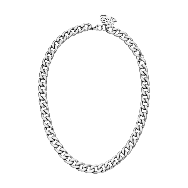 PURELEI Ikaika Kette aus nickelfreiem Silber mit markantem Gliederdesign und floralem Anhänger, elegant und modern.
