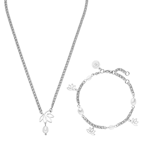 Silberne Kette und Armband mit Lotus-Design und Perlen von PURELEI.