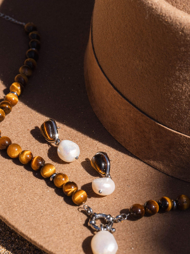 Boucles d'Oreilles Tiger's Eye Pearl
